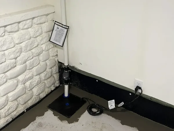 Completed waterproofing system with sump pump and dimple board channel along painted stone wall