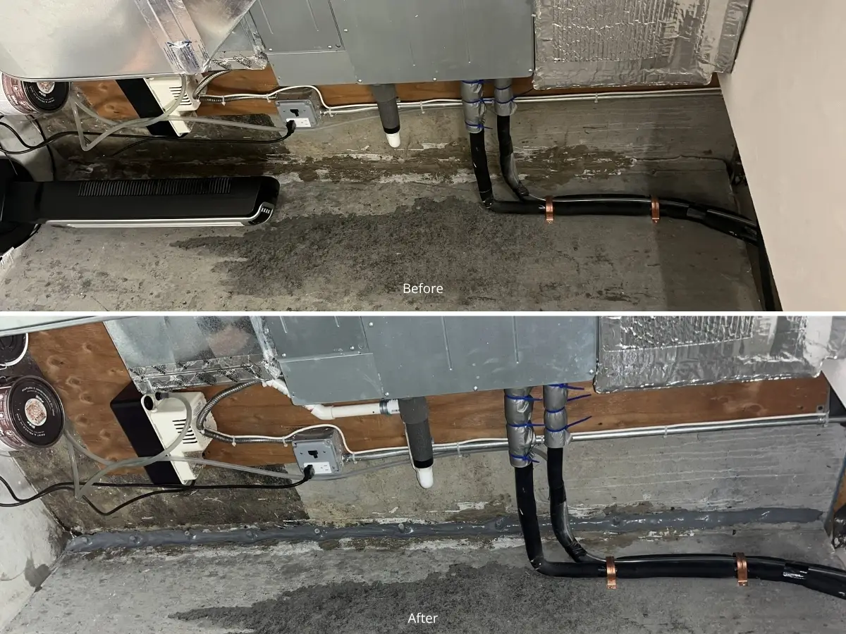 Before and after photos of a cracked basement floor repair near HVAC system in Franklin, MA by Foundation Crack Seal