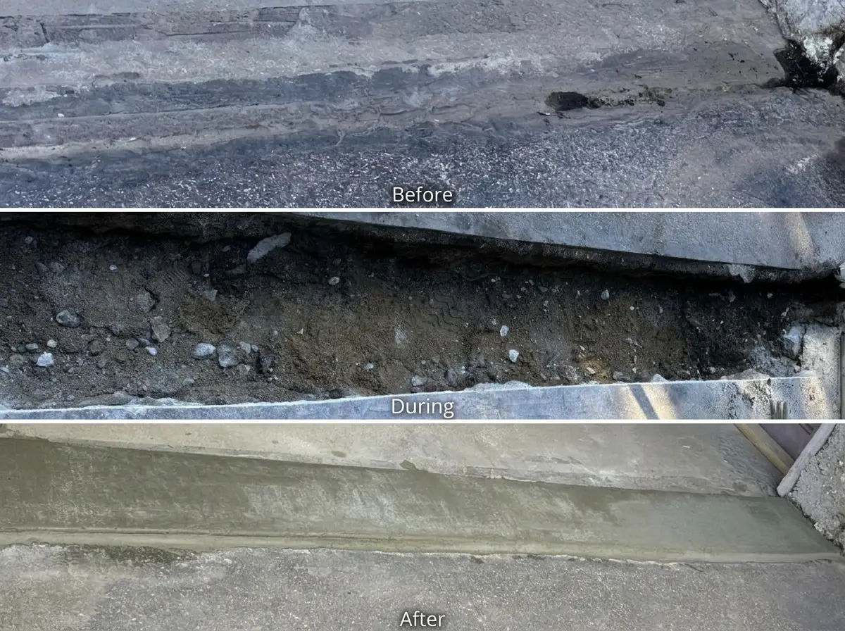 Before, during, and after photos of a garage floor crack repair project in Medfield, MA by Foundation Crack Seal