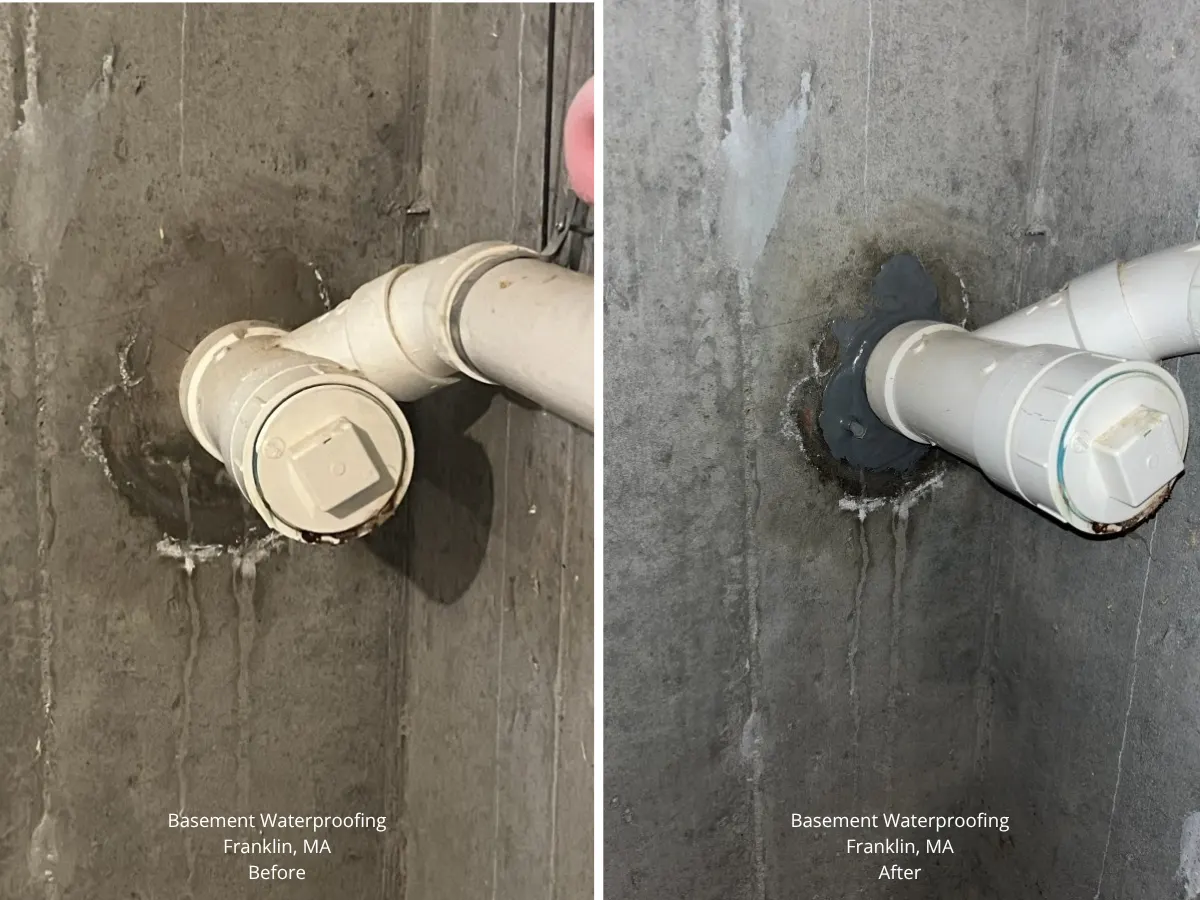 Before and after photos of a pipe intrusion waterproofing repair on a basement foundation wall in Franklin, MA by Foundation Crack Seal