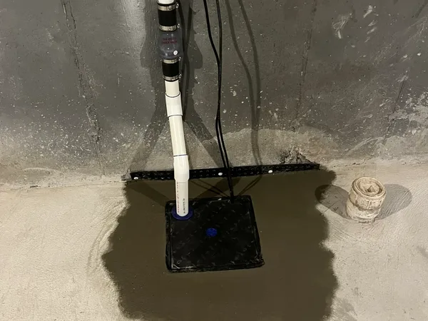Sump pump system installed in basement with check valve and discharge piping
