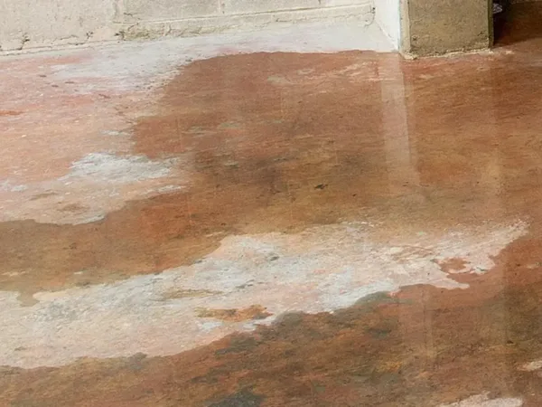 Wet basement floor with water pooling near foundation wall