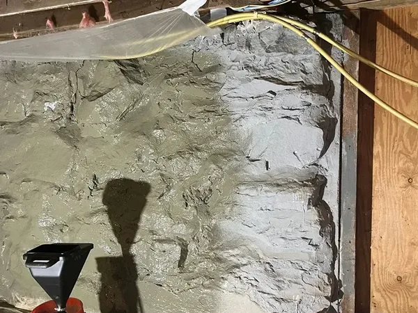 Fresh mortar and parging applied to stone foundation wall